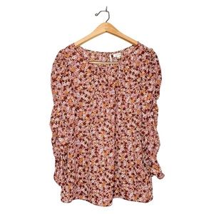 Max Studio‎ Floral Print Ruched Sleeve Blouse Large L